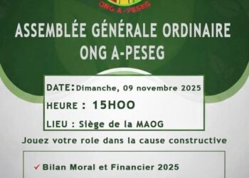 L’ONG A-PESEG tiendra son Assemblée Générale Ordinaire (AGO) le dimanche 9 novembre 2025 à 15h00 au siège de la MAOG